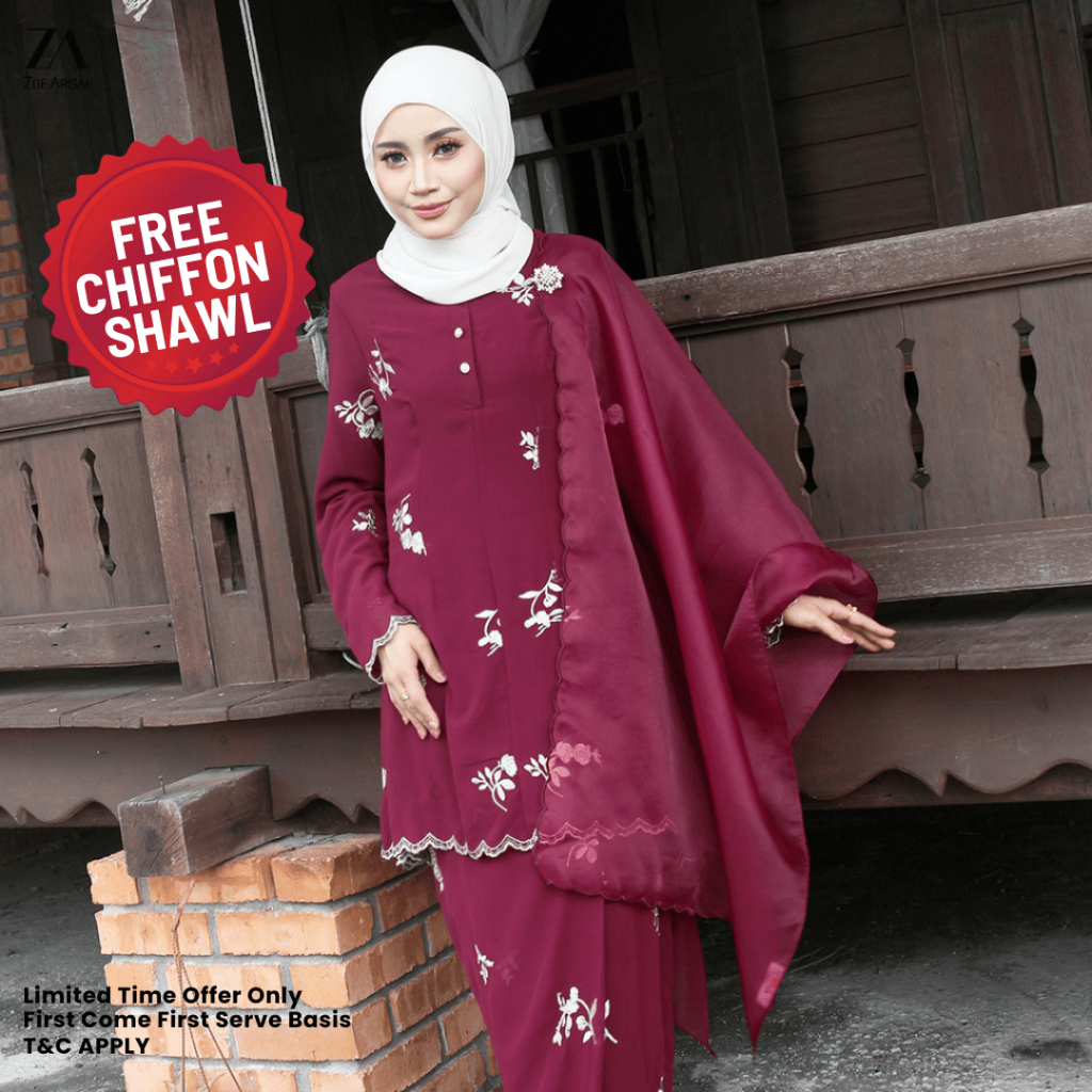 ZOE ARISAH [FREE SHAWL] Saskia Kurung Moden Premium Chiffon Embroidery Sulam Baju Raya 2026 Labuh Teal Blue ZOE ARISSA