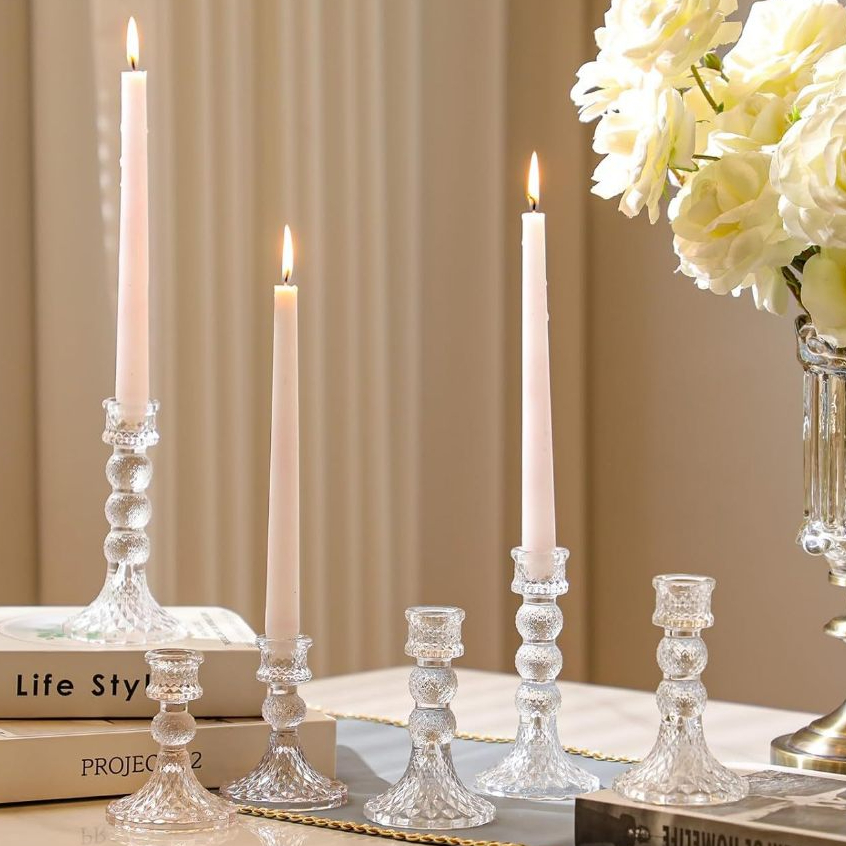 1819 Pemegang Lilin Hiasan Elegant Romantic Tall Glass Candlestick Holder Stand Candlelight 透明高脚玻璃烛台