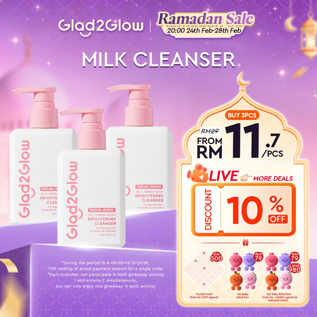 Glad2Glow Milk Amino Acid Gentle Facial Cleanser Hydrating Oil Control Glowing Face Wash Pencuci Muka Cleansing