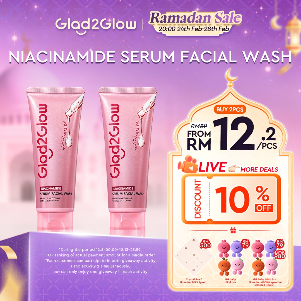 【New Launch】Glad2Glow Niacinamide Serum Facial Wash Cleanser Brightening Hydrating Glowing Face Wash Pencuci Muka