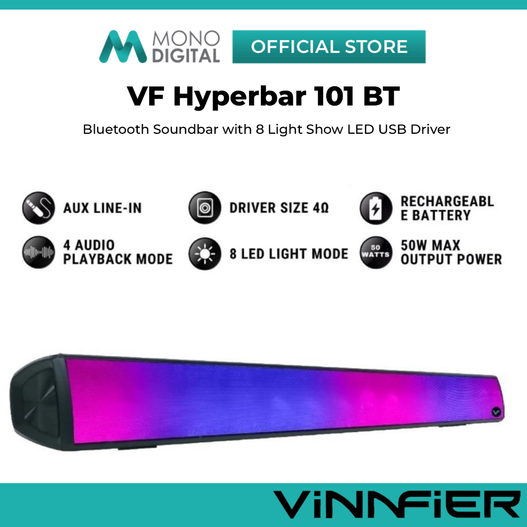 VINNFIER VF HYPERBAR 101 BT BLUETOOTH SOUNDBAR 50W WITH 8 LIGHT SHOW LED USB DRIVER / AUX IN / RECHA