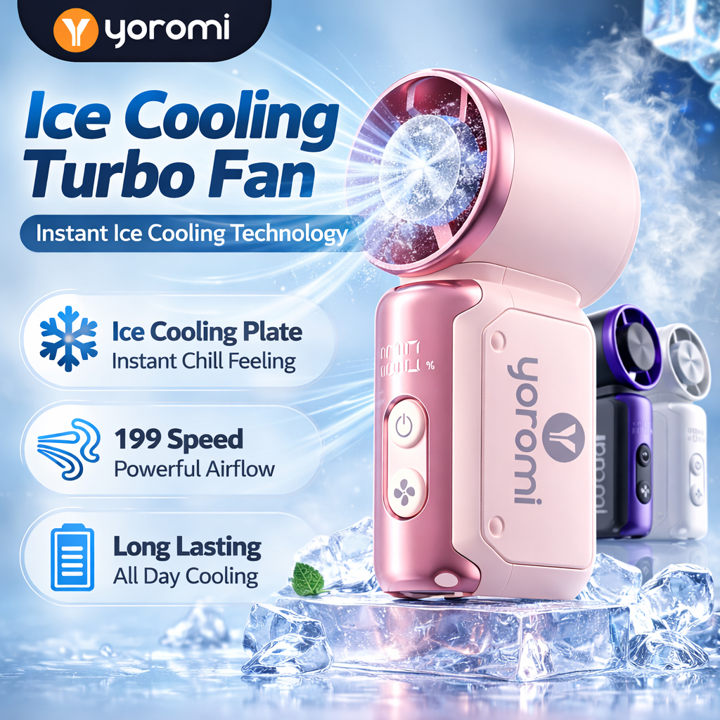 【 YOROMI 】Ice Cooling Turbo Fan – Portable Mini Handheld Fan with 199 Speed Strong Wind & Ice Cooling Plate