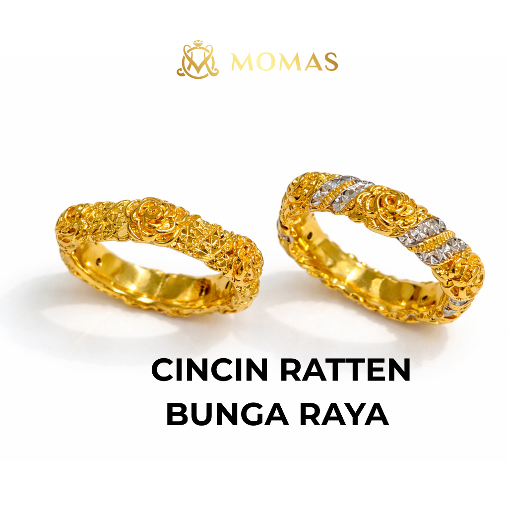 MOMAS CINCIN RATTEN BUNGA RAYA 5D Emas 916 Original Cincin Belah Rotan Emas 916 Bajet Cincin Emas Tulen Cincin Emas 916