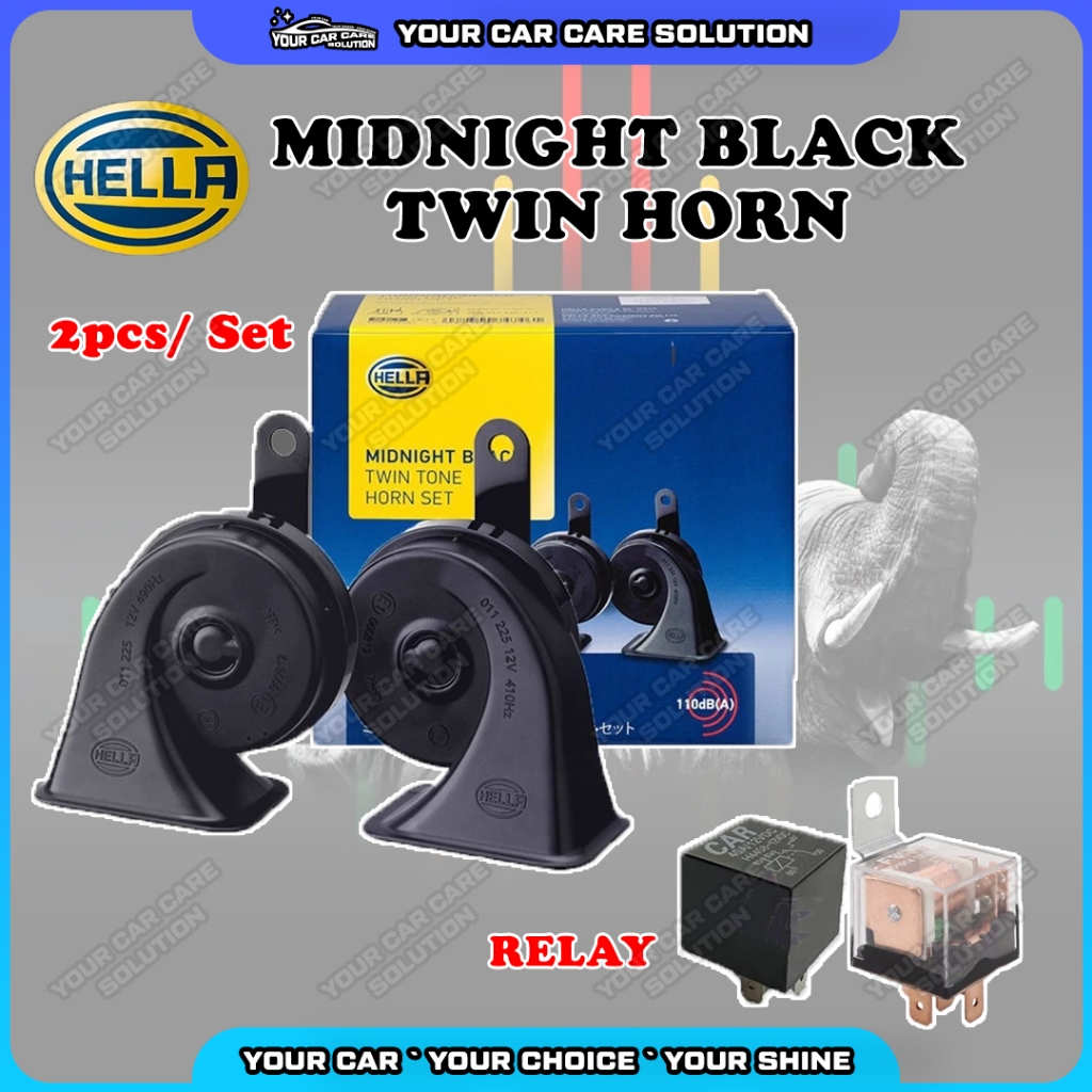 📯 Hella Midnight Black Twin Tone Horn Car / Motor Horn Snail 12V 2pcs/Set 110dB Relay Original Set Hon Kereta  车喇叭