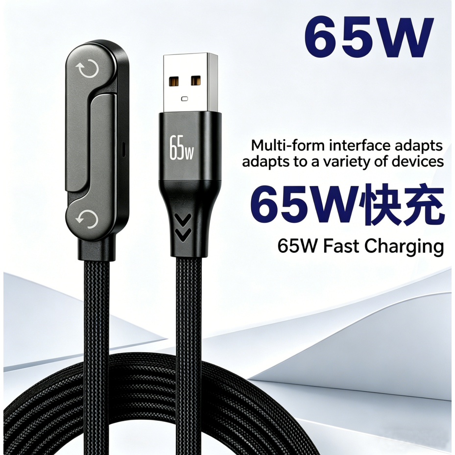 65W 2-dalam-1 USB Type C Pengecas Pantas Telefon Mudah Alih Dengan Pemegang Lipat Dan Kabel Data