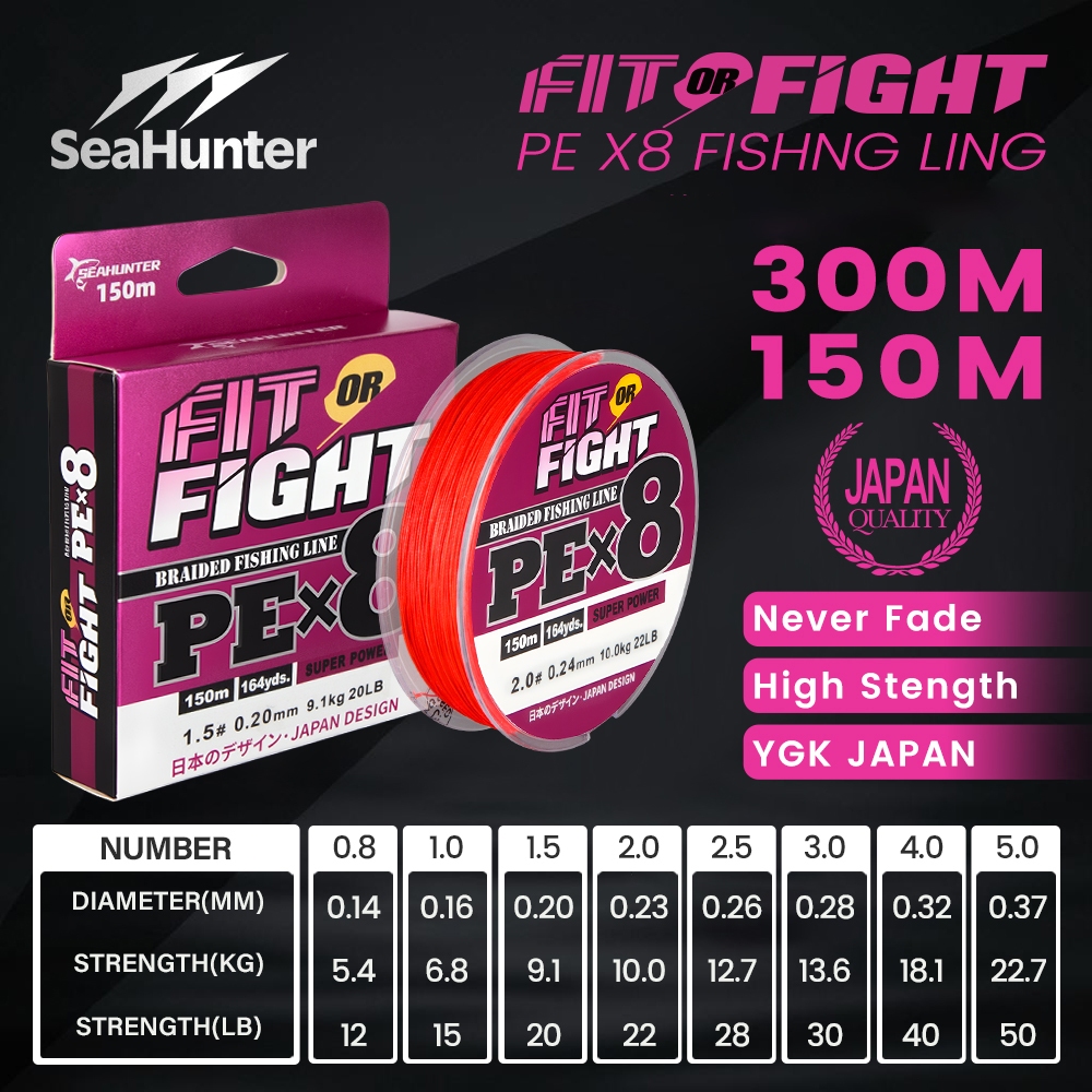 SeaHunter Fit or Fight PE X8 Tali Pancing 8 Braided Multifilament Benang 150M/300M 12-50LB High Strength Fishing Line