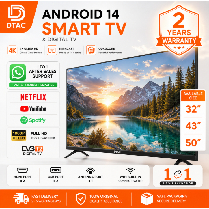 Televisyen Pintar DTAC  Smart Android Goggle Netflix 40"Inch Tv Murah – FHD LED | VGA | HDMI | USB |