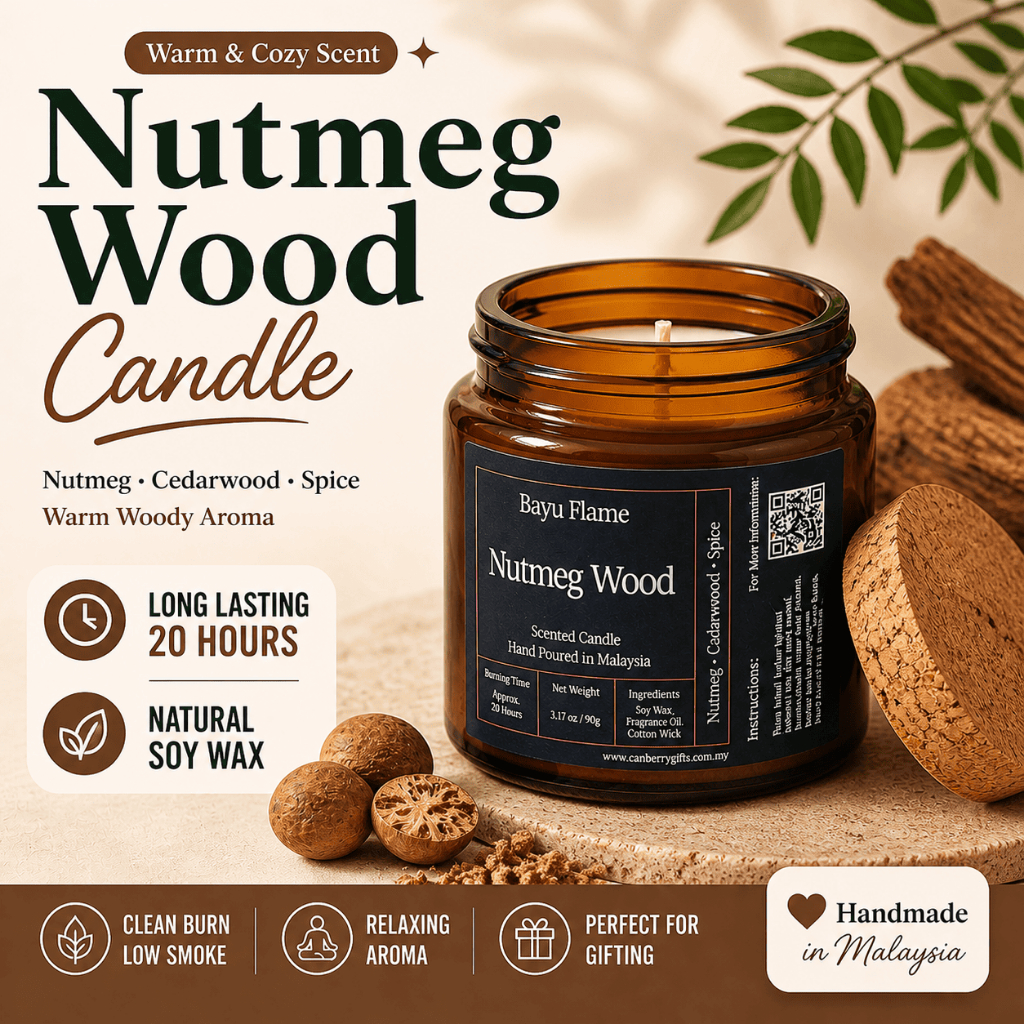 Nutmeg Wood Soy Wax Candle 大豆蜡烛 90g– 独家自调香味 | Bayu Flame Signature Custom Blend | Spice Wood Scent | Scented Candle