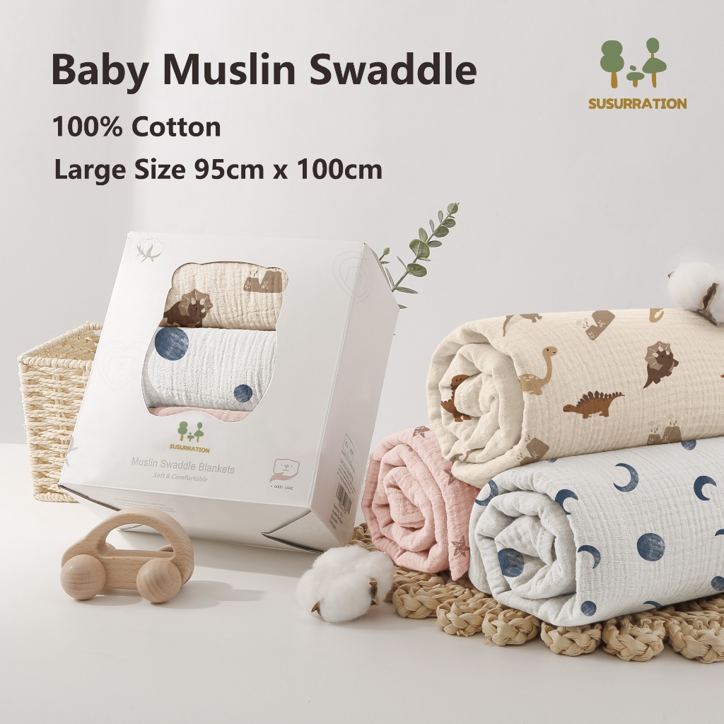 In Stock Baby Bedung Muslin Swaddle Blankets 100% Cotton Wrap Selimut bedung instant baby 95 x 100cm