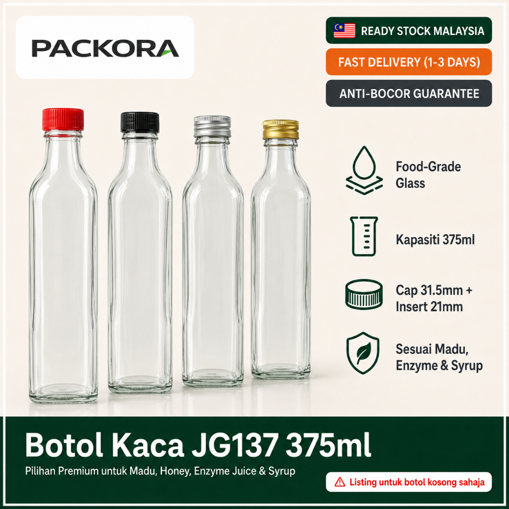 Botol Kaca Madu 375ml Tutup Plastik Aluminium | Enzyme Sos Sirap Food Grade | Stok Penang