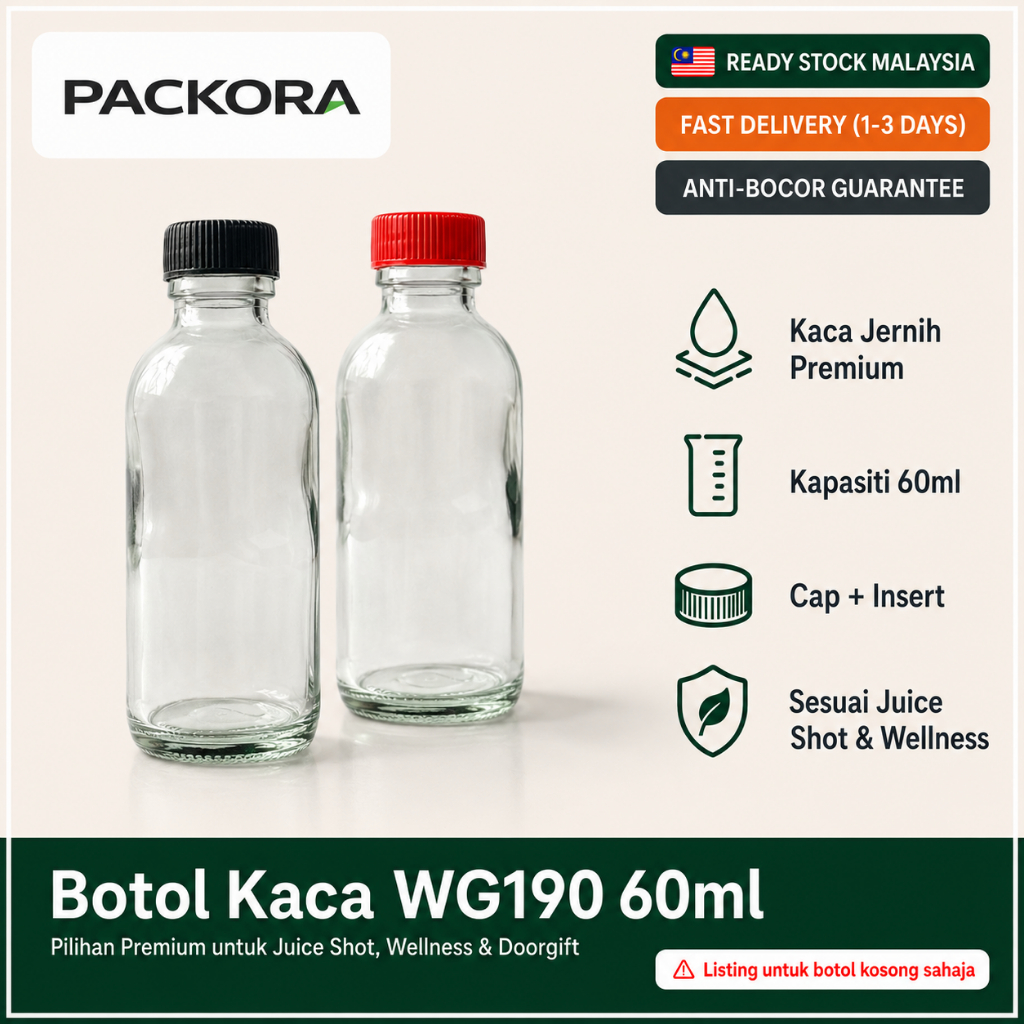 Botol Kaca Jus 60ml Tutup Hitam Merah | Wellness Shot Kombucha Madu Doorgift | Stok Penang