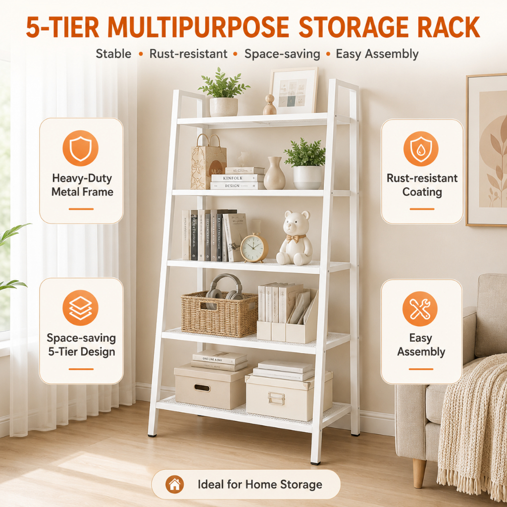 NR Lerberg 5-Tier Metal Multipurpose Storage Rack – Slanted Bookshelf / Affordable Metal Rack