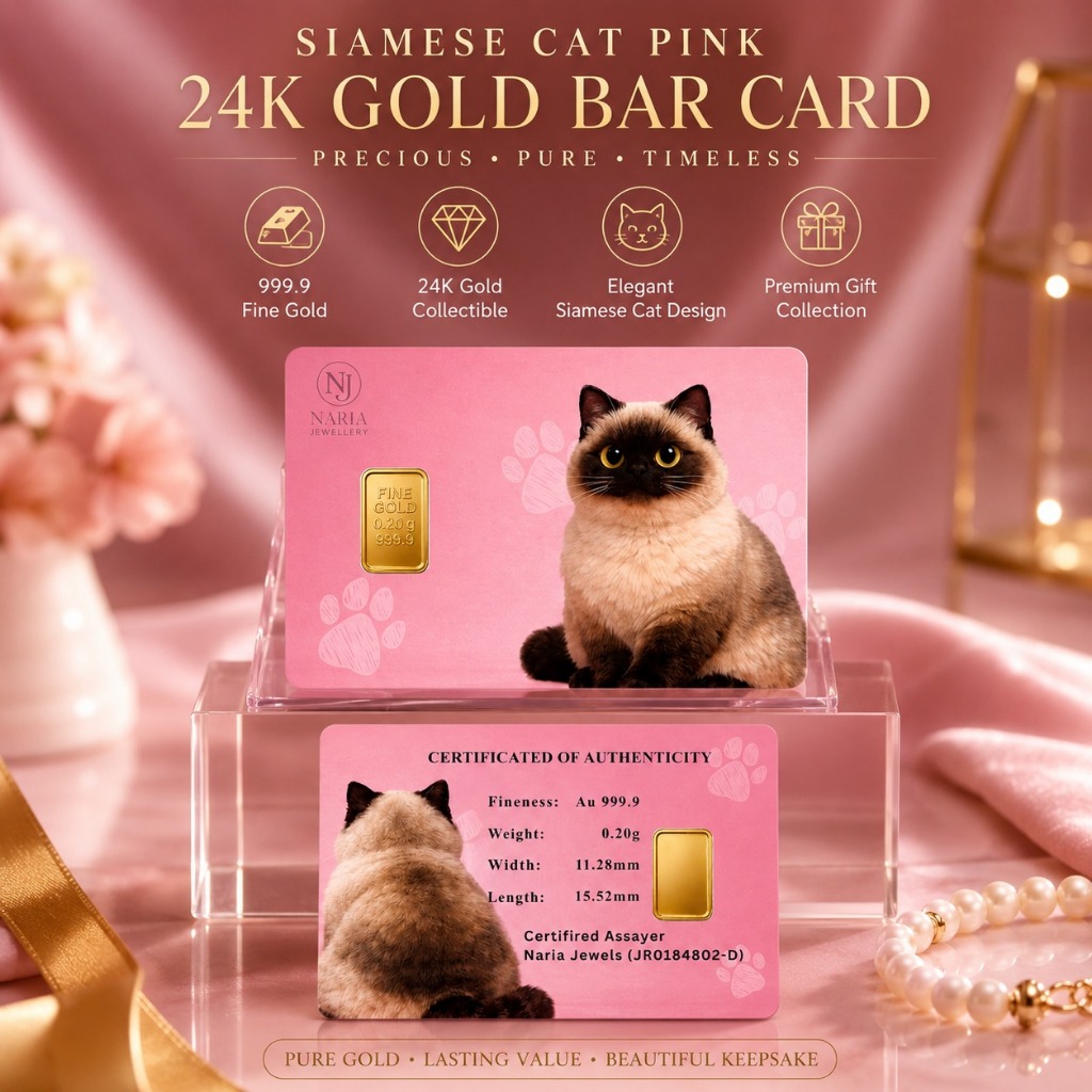 【MALAYSIA】Naria 999.9 24K 0.20g Gold Bar Mini Cute Siamese Cat with Pink&hellip;
