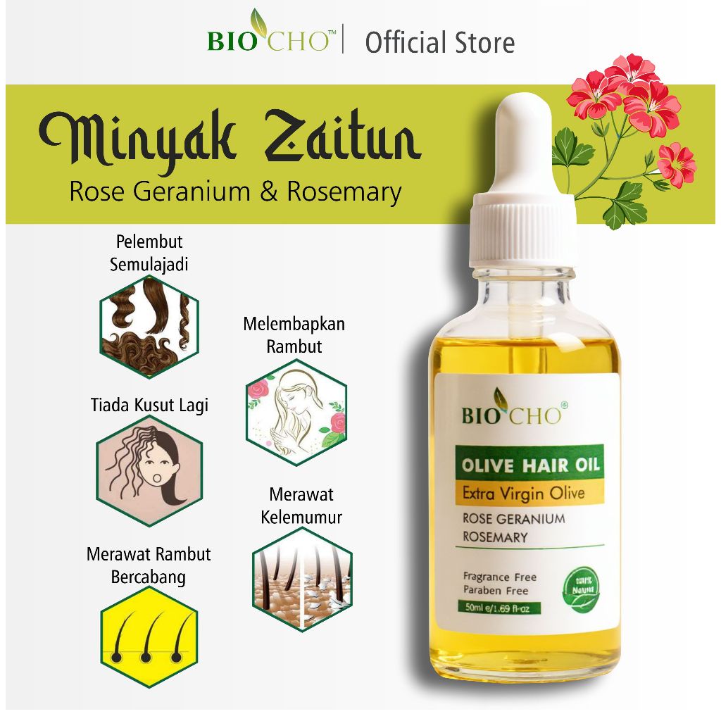 BIOCHO - MINYAK RAMBUT ZAITUN, OLIVE HAIR OIL, UNTUK RAMBUT GUGUR, ROSEMARY AND ROSE 100% NATURAL