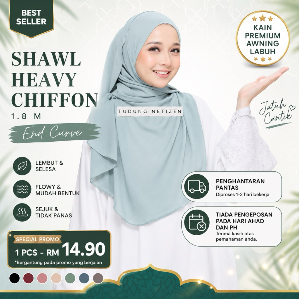 Heavy Chiffon Shawl 1.8M End Curve | Buy 4 RM52 | Ready Stock | Lembut Flowy | Senang Bentuk