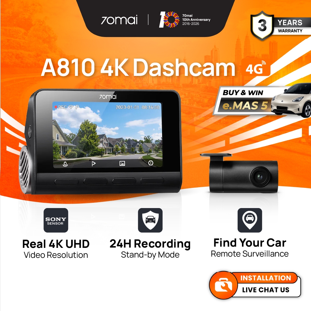 70mai A810 Dash Cam 4K Resolution + HDR | 4G Connectivity | Built-in GPS & ADAS | Dual Channel Recording | App Control