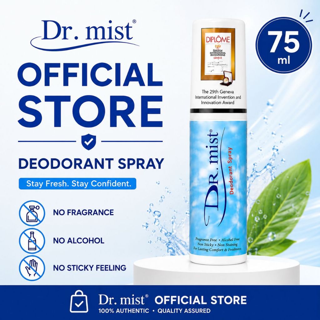 DR.MIST Spray Deodoran Badan Unscented Anti Bau & Peluh 75ml | Sensitive Skin Natural Hygiene Smell