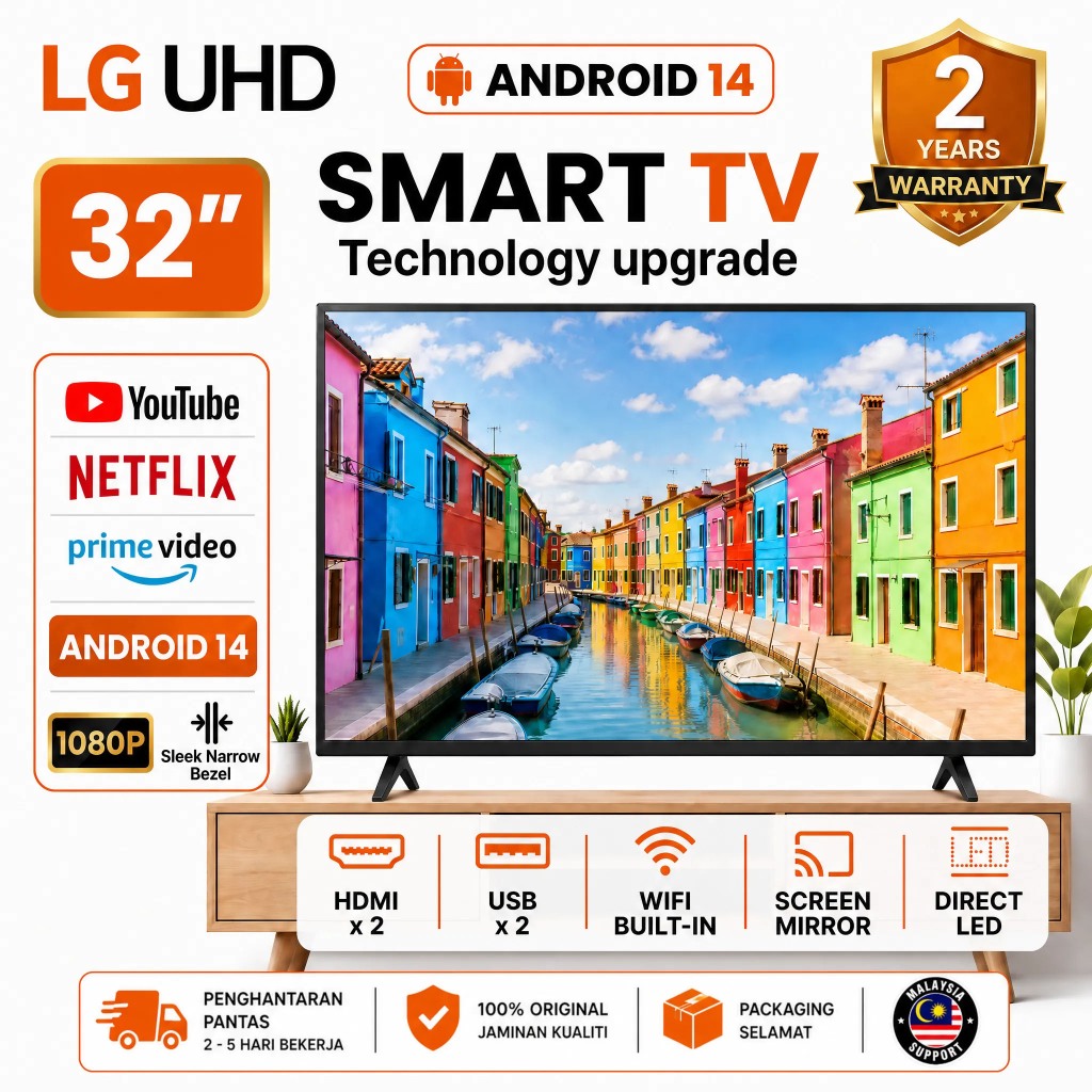 TV Pintar LGUHD Android 32/43/50/55 inch - Netflix YouTube, Suara Jelas, Untuk Keluarga & Bilik Tidur, Sedia Stok