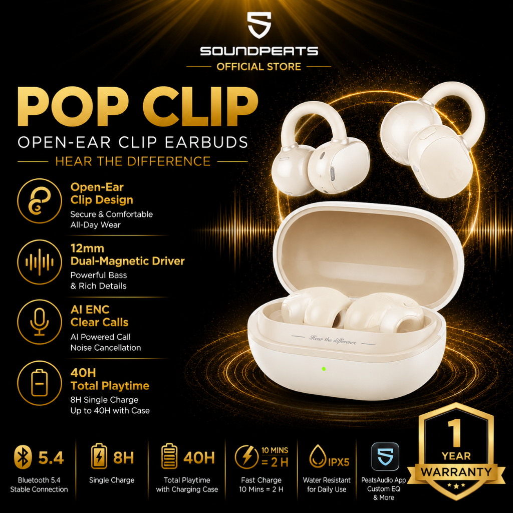 SoundPEATS Pop Clip Innovative Open-Ear Clip-On Bluetooth 5.4 Wireless Earbuds, Secure Fit , IPX5