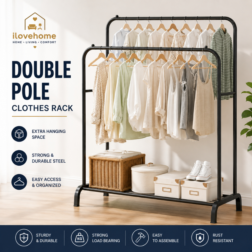 Rak Baju /Single Double Pole Strong Steel Structure Laundry Cloth Rack Cloth Hanger Stand Metal Drying Rack