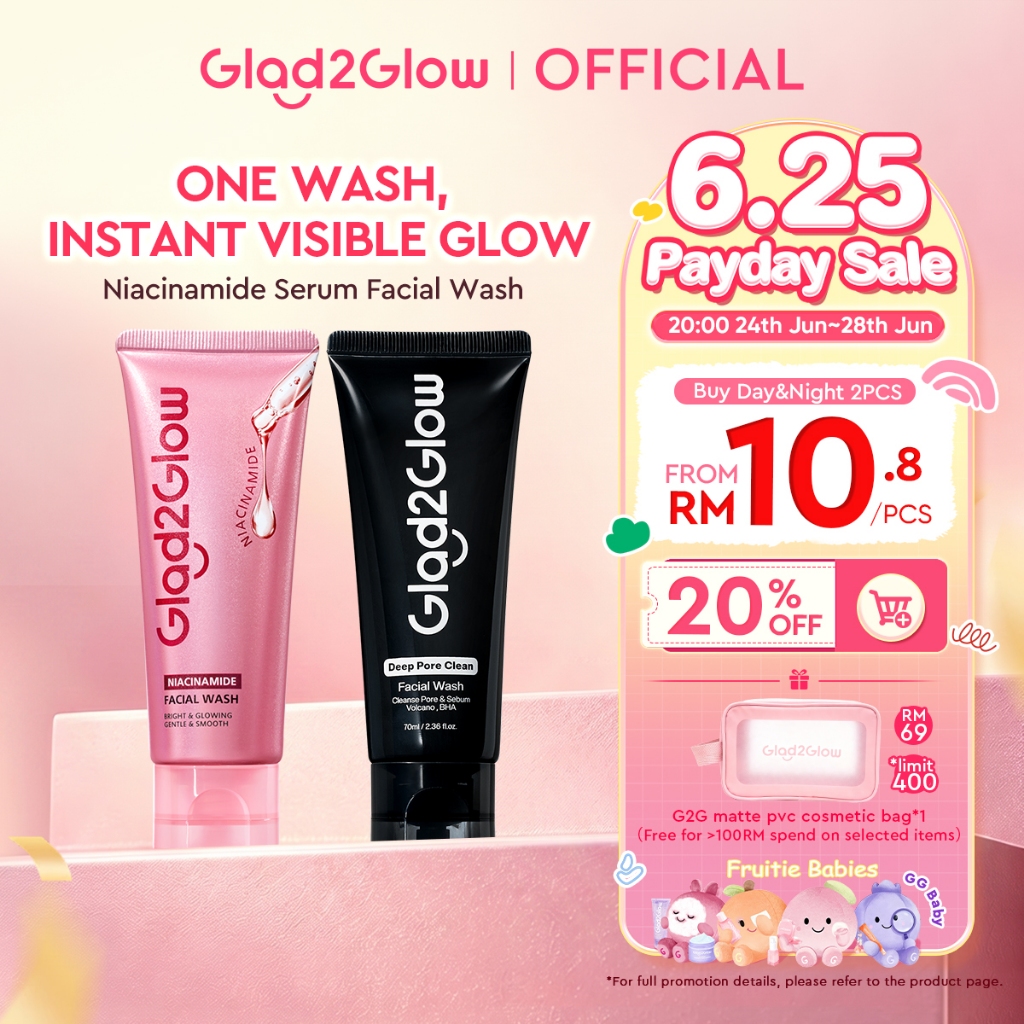 [Live Extra]Glad2Glow Niacinamide Serum Facial Wash Cleanser Brightening Hydrating Glowing Face Wash Pencuci Muka