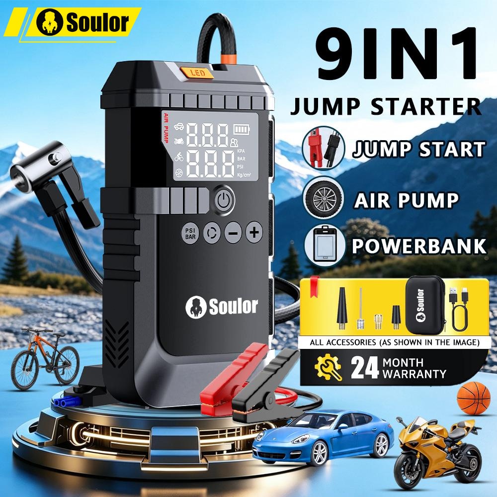 Soulor 9 IN 1 Car Jumper starter 128800mAh 12V Car powerbank Jump starter with air pump Portable Jumper kereta