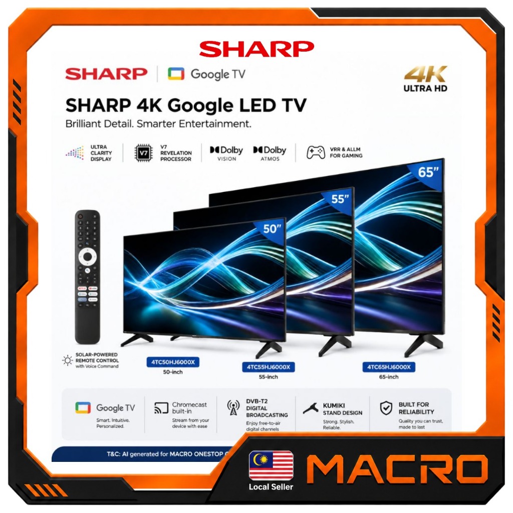 SHARP 4K Google LED TV 50"/55"/65" 4TC50HJ6000X 4TC55HJ6000X 4TC65HJ6000X (Televisyen Pintar)