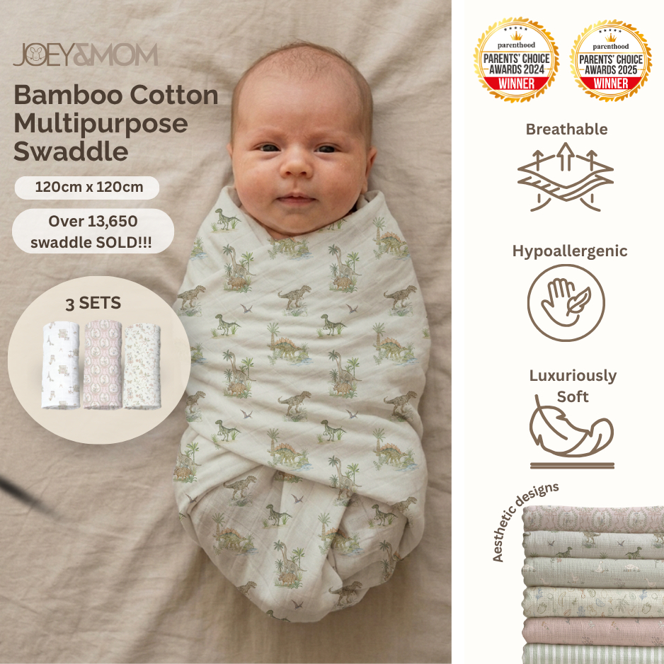 Joey&Mom Bamboo Cotton Baby Swaddle(Set of 3)| Soft Breathable Lightweight Newborn Swaddle Blanket | Eczema Friendly