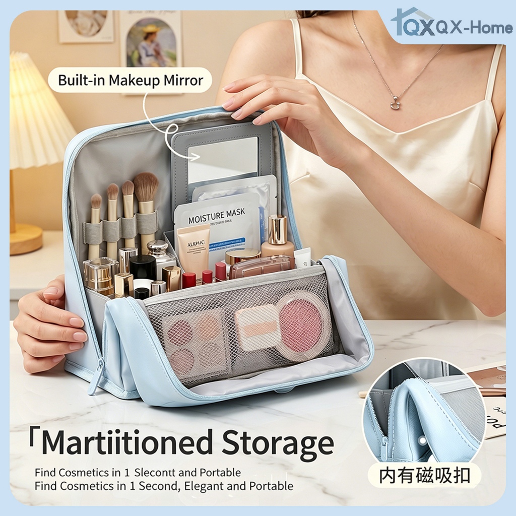 Portable Travel Cosmetic Bag With Built-in Mirror Vanity Waterproof PU Leather Makeup Organizer With Luggage Strap Beg