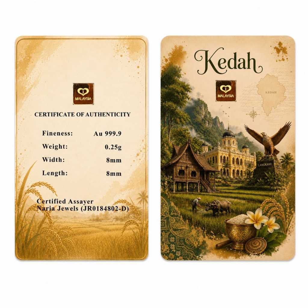 Naria 999.9/24K Gold Bar 0.25gm Kedah Design Malaysia Collection Pelaburan Emas Gold&hellip;