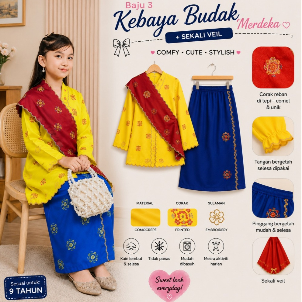 SHAZIA – Baju Kebaya 3 Set Merdeka Budak + free veil | ComoCrepe Printed
