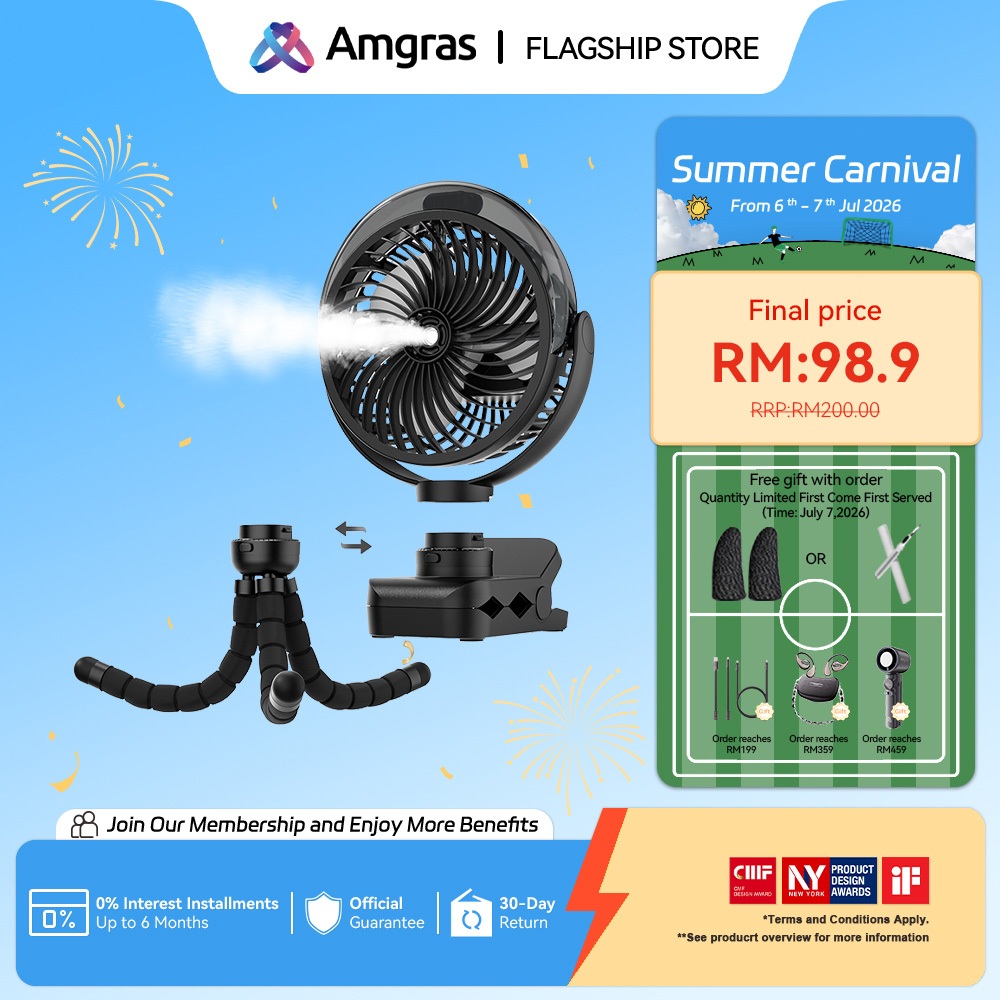 Amgras Stroller Baby Portable Mini Fan Rechargeable 9 Leds/Ultra Quiet/Flexible Tripod/55 Hours (6000mAh)