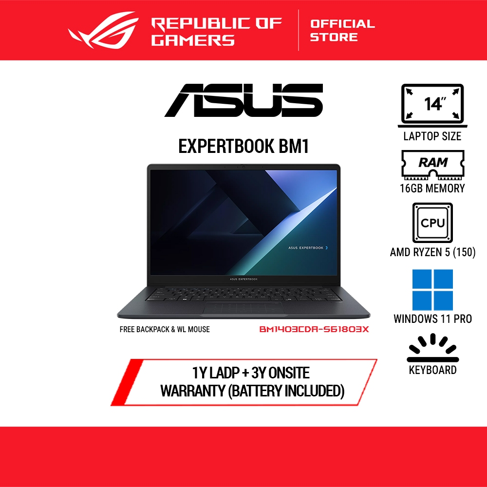 ASUS ExpertBook BM1 Laptop (AMD Ryzen 5 150/16GB/512GB/14" FHD/Windows 11 Pro) BM1403CDA-S61803X
