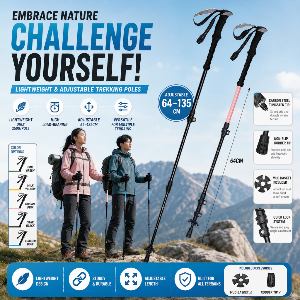 Trekking Pole Telescopic Adjustable Aluminium Alloy Ultralight Tongkat Hiking Outdoor Mendaki Unisex