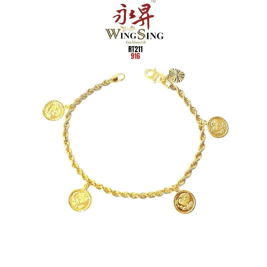 Wing Sing 916 Duit Syiling Coin Bunga Raya Rantai Tangan Pintal Emas 916 /  大红花硬币空旋转916黄金手链 / 916 Fesyen Bracelet