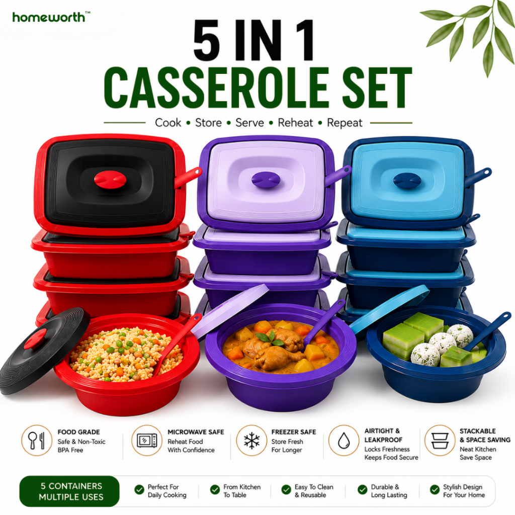 HOMEWORTH 5 In 1 Microwave-Safe Food Container & Casserole Set | Food Saver Storage Boxes with Ladle