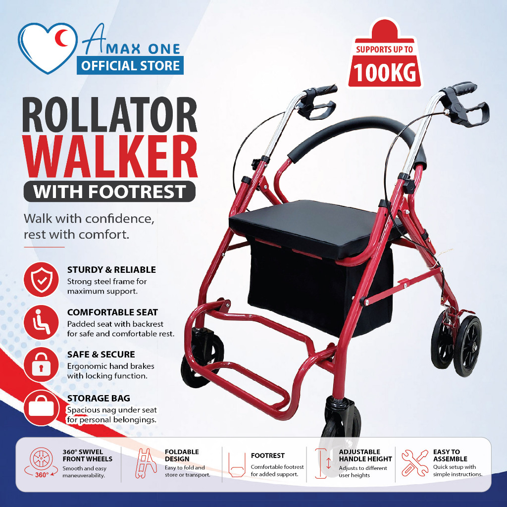 [Same-Day Delivery] Rollator Walker with Footrest Adult Lightweight Tongkat Roda Kaki Empat Wheelchair