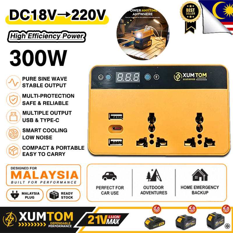 300W Pure Sine Wave Inverter 21V 20V 18V to 220V for MT Battery Penukar Type-C USB AC Outlet