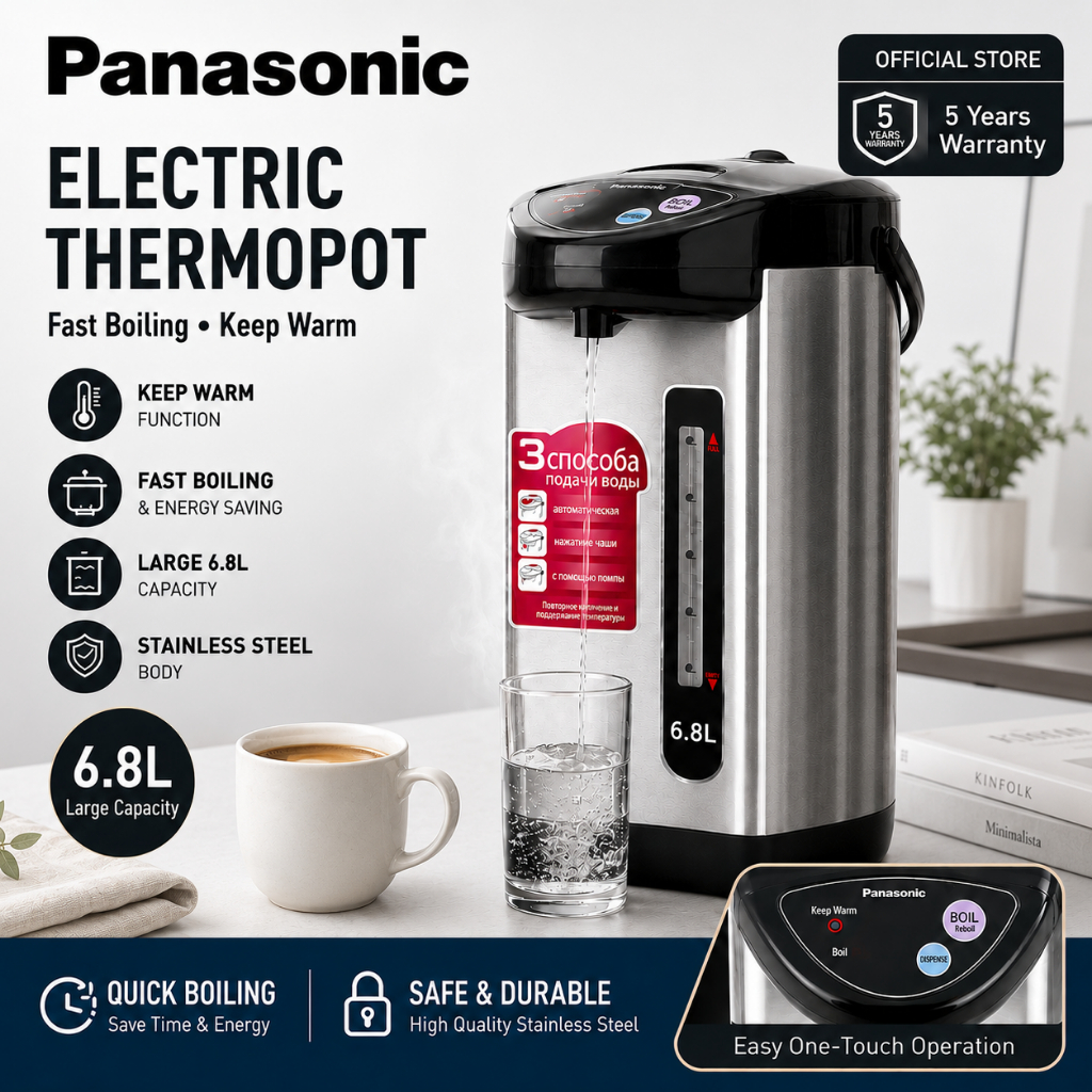 Panasonic 6.8L Electric Thermopot Stainless Steel Hot Water Dispenser Fast Boiling Keep Warm Energy Saving Thermo Pot