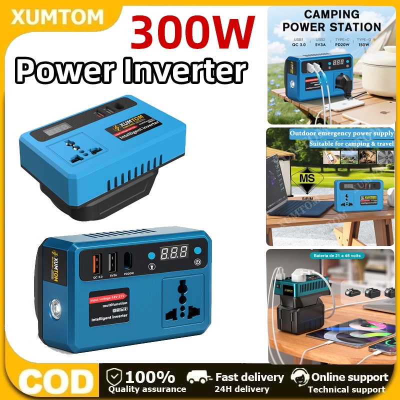 COD Portable XUMTOM Power Inverter Penukar Kuasa 20v to 220v Converter with Dual USB,AC Outlet and Type-C Pure Sine Wave