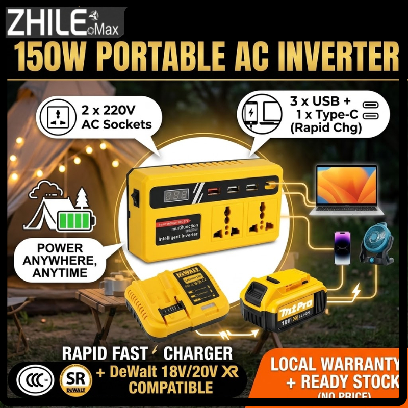 150W Power Inverter DeWalt 18V 20V 220V AC 3USB TypeC MtPro Fast Charger Camping Laptop Inverter