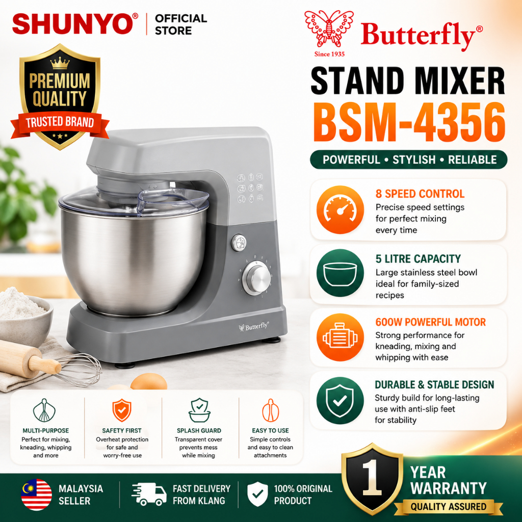 Butterfly BSM-4356 5L Stand Mixer 600W 8 Speed | Stainless Steel Bowl Dough Mixer Mesin Uli – SHUNYO