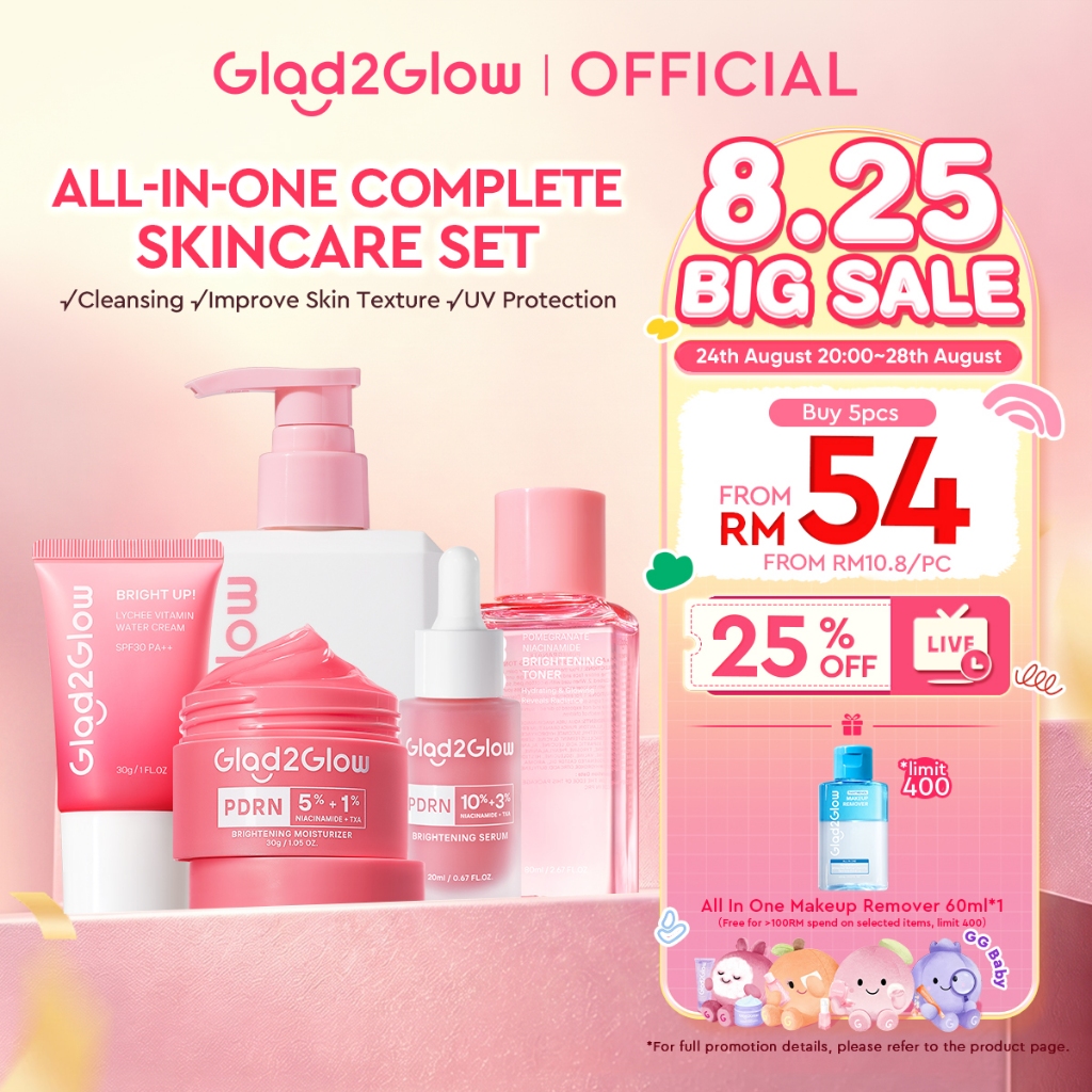[LIVE EXTRA]Glad2Glow 5PCS Skincare Set-PDRN Moisturizer,Sunscreen,Cleanser,PDRN Serum,Toner Brightening|Repair|Acne