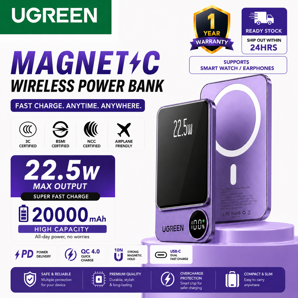 【CCC Certified】UGREEN Ultra-Slim 3C 20000mah 22.5W Magnetic Power Bank Card-Sized  Fast Charge iPhone 17 S26