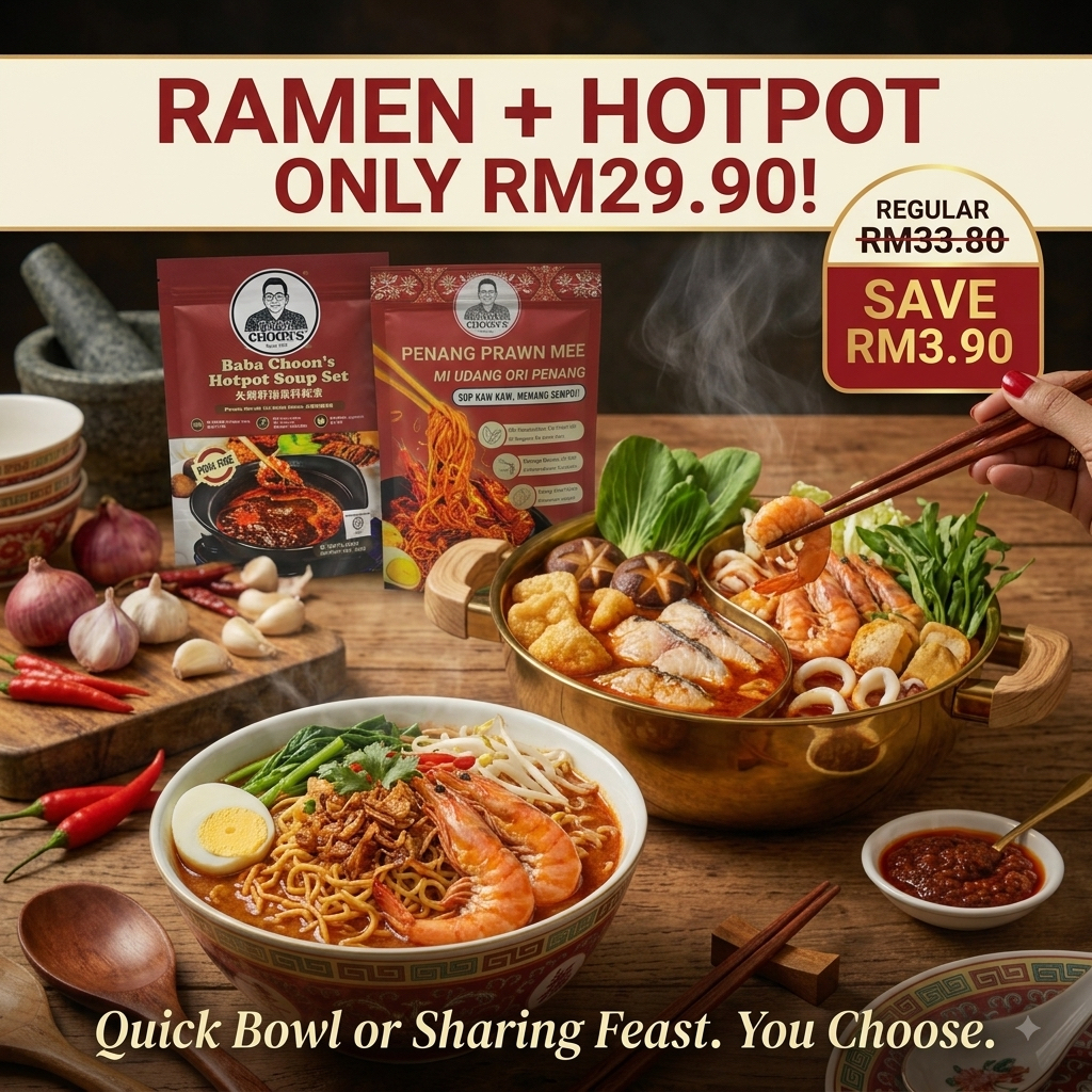 BABA CHOON'S Penang Prawn Mee Ramen + Hotpot Soup Set Combo Bundle | Halal Mi Udang Ori Penang + Pes Stimbot (Set Value)