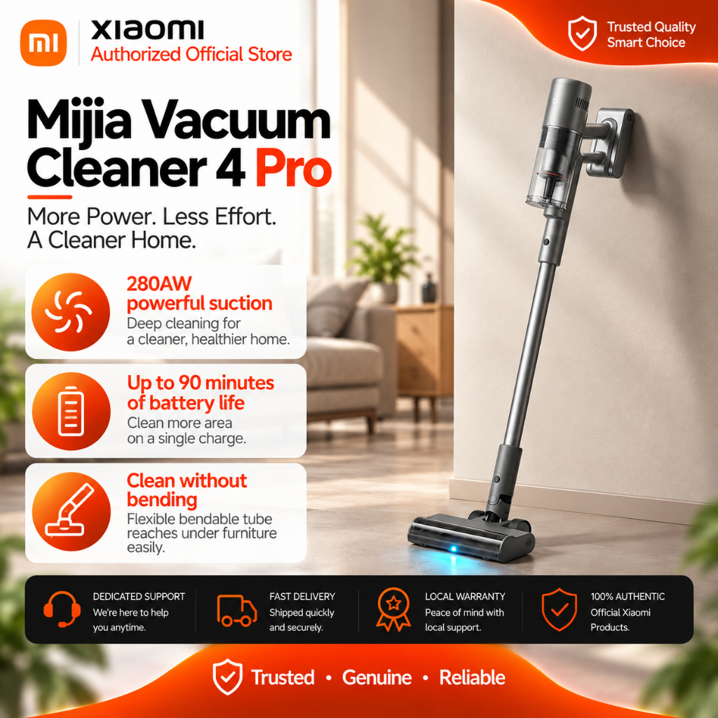 • Xiaomi Mijia Vacuum Cleaner 4 Pro • 280AW powerful suction | 90-mins Long battery life | Smart Dust detection