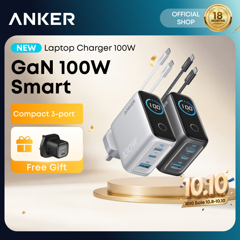 [Free Gift]Anker GaN Laptop Charger 3-Port PD Fast Charging Smart Display & Touch Control for Ipad/Iphone/Samsung (100W)