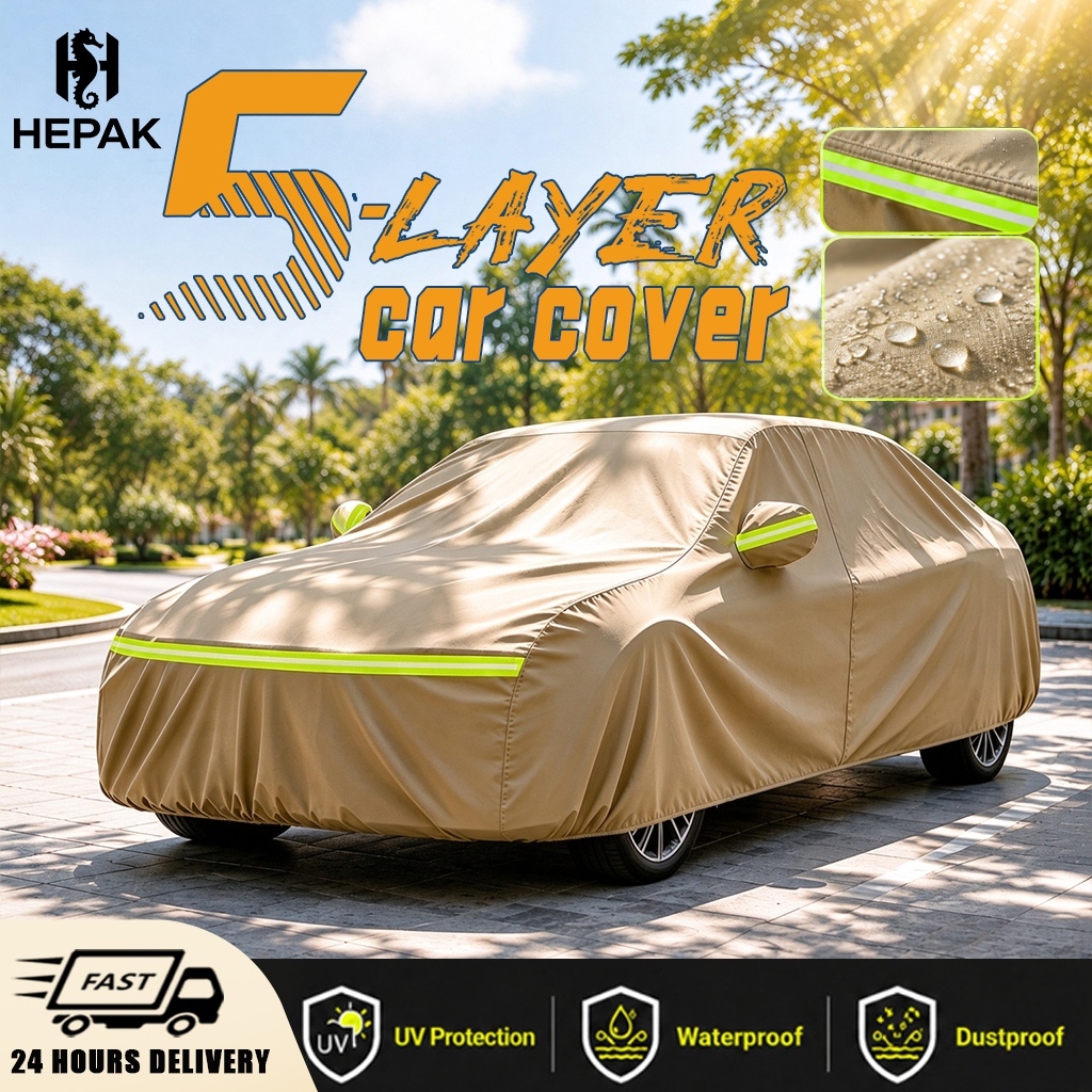 HEPAK Selimut Penutup Kereta Car Cover 3 Layer Thickened Khaki Waterproof PEVA Malaysia Driver Side Ziplock 汽车遮阳车罩