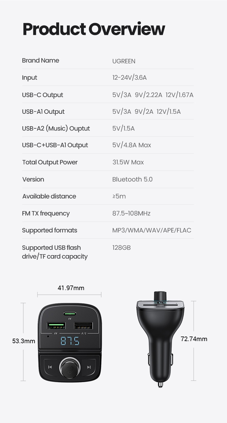 UGREEN Bluetooth Transmitter Car USB C PD 20W Wireless Bluetooth