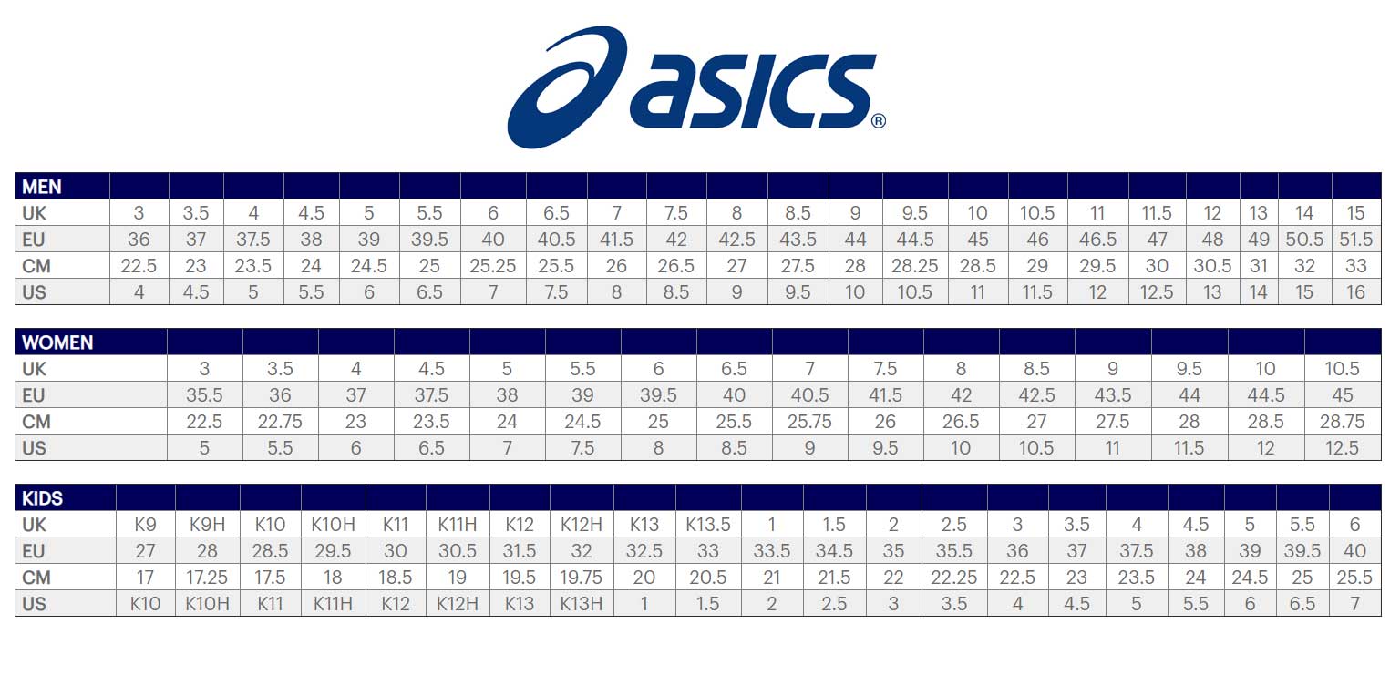 Asics cheap width chart